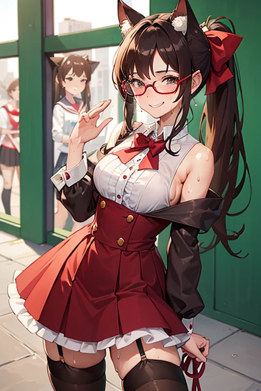 18 yeas old, girl, brown hair, ponytail, slim, big tits, narrow red eyes, cute, cat ears, glasses,
(embarrassed, blush:1), (ecstasy:0.6), (think:1.8), (smile:1.5), (sweat:1.6), school sailor uniform, See-through, ribbon, fishnet, garter belt, frills, Kneesocks, long boots, rose, headdress,
handcuffs, frontal, standing, centet of attention, central park, many people
