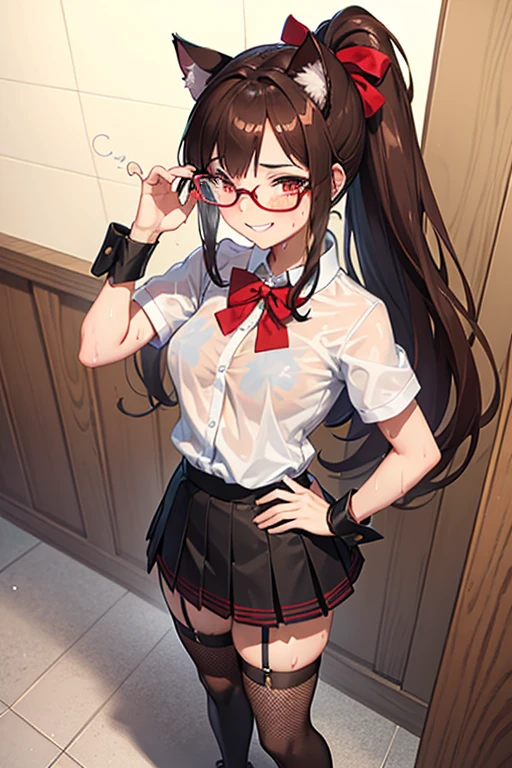 18 yeas old, girl, brown hair, ponytail, slim, big tits, narrow red eyes, cute, cat ears, glasses, 
(embarrassed,  blush:1), (ecstasy:0.6), (think:1.8), (smile:1.5), (sweat:1.6), school sailor uniform, See-through, ribbon, fishnet, garter belt, frills, Kneesocks, long boots, rose, headdress, 
handcuffs, frontal, standing, centet of attention, central park, many people