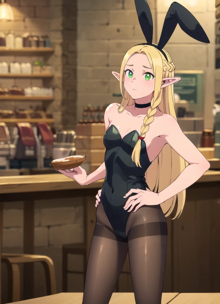 ((best quality)), ((highly detailed)), masterpiece, , (1girl), contrapposto pose, hand on hip, Marcille_Donato_DungeonMeshi, blonde hair, long hair, twin braids, elf, pointy ears, green eyes, red choker, (black  playboy bunny), (black fake rabbit ears), (black pantyhose), (black  high-heels), cafe