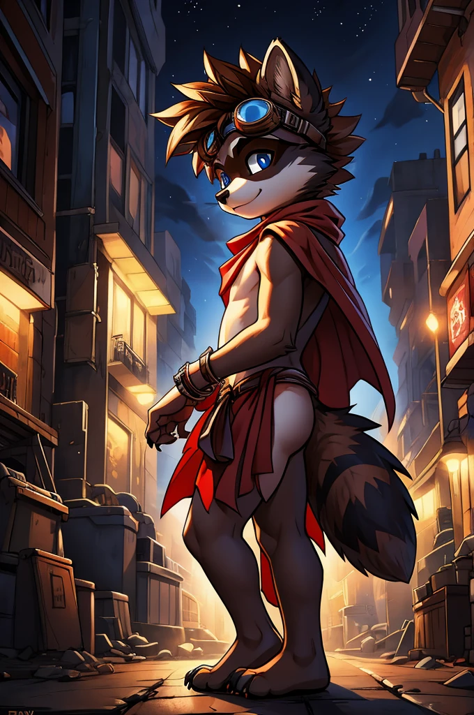 feno lighting, deep shadow, dynamic angle, masterpiece, high quality, hi res, solo, young Furry, furry, young, raccoon, spiked brown hair only on head, red scarf, blue eyes, goggles, red loincloth, red cape, masterpiece, detail body, fur all over body, detailed face, detailed eyes, detailed hands, Skinny, claws, high resolution, metal cuffs on wrists, no shirt, no underwear, city, night, street, side view