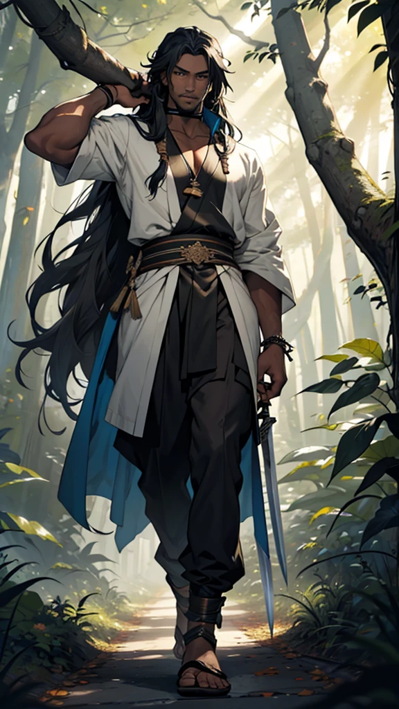 A tall black man with long hair and wearing a finger garland around his neck, a big sword in his hand, is plucking leaves from a tree in the middle of the forest.