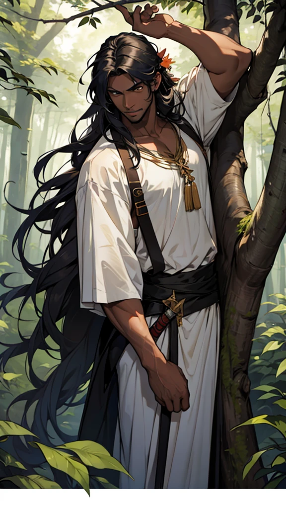 A tall black man with long hair and wearing a finger garland around his neck, a big sword in his hand, is plucking leaves from a tree in the middle of the forest.