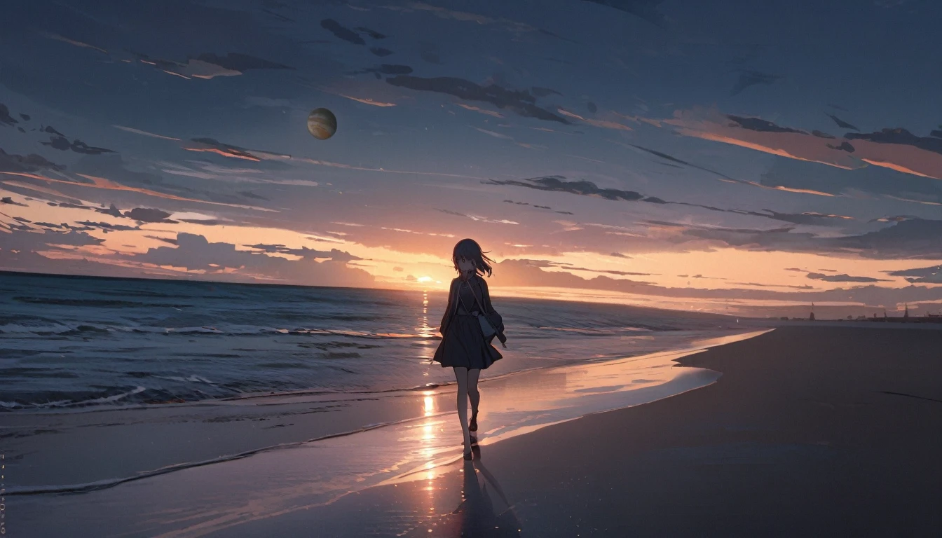 one girl , walking on the beach, evening, a planet on the horizon, planet in the background, cloudy