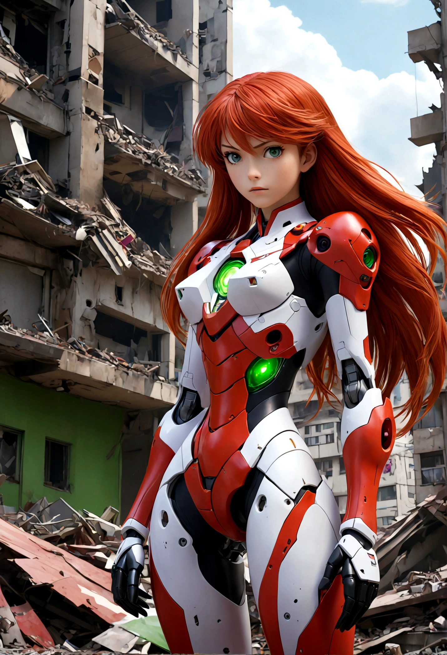 a beautiful young woman with long red hair pulled back, wearing her iconic bright red and white plugsuit, standing next to her massive purple and green Evangelion mecha, in a war-torn city with crumbling buildings and debris, dramatic lighting, cinematic composition, highly detailed, hyper-realistic, 8k, masterpiece, (best quality,4k,8k,highres,masterpiece:1.2),ultra-detailed,(realistic,photorealistic,photo-realistic:1.37),intricate details,dramatic lighting,cinematic composition,vibrant colors,mecha,evangelion,asuka langley, plugsuit,war-torn cityscape,ruins,debris,cinematic angle
