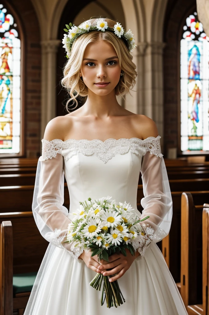 Slim blonde boy twink with fluffy hair, pretty face wearing long plain white wedding dress with off-the-shoulder cut smooth and transparent long fluffy sleeves wearing colorful flower crown and holding a small bouquet of daisies in his hands in the background a church 