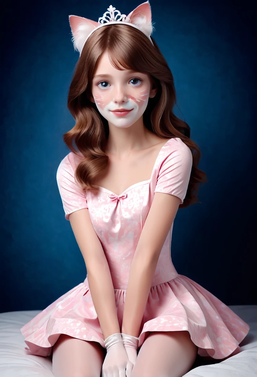 (Style-Princess, fflixbom, white and pink cat facepaint) (1 man, 1 catgirl) (hetero, couple) (crossdressing, fully clothed) (brown hair, blue eyes) (portrait) (women's clothes only) (women's beautifully feminine skintight velvet floral print frilly girly pink adorable ballet leotards) (white opaque tights, no shoes) (tiaras, pink shoulder-length silk gloves:1.3) (woman's bedroom, four-poster bed) (lying down, hugging, bending knee) (intimacy, playfulness, closeness)