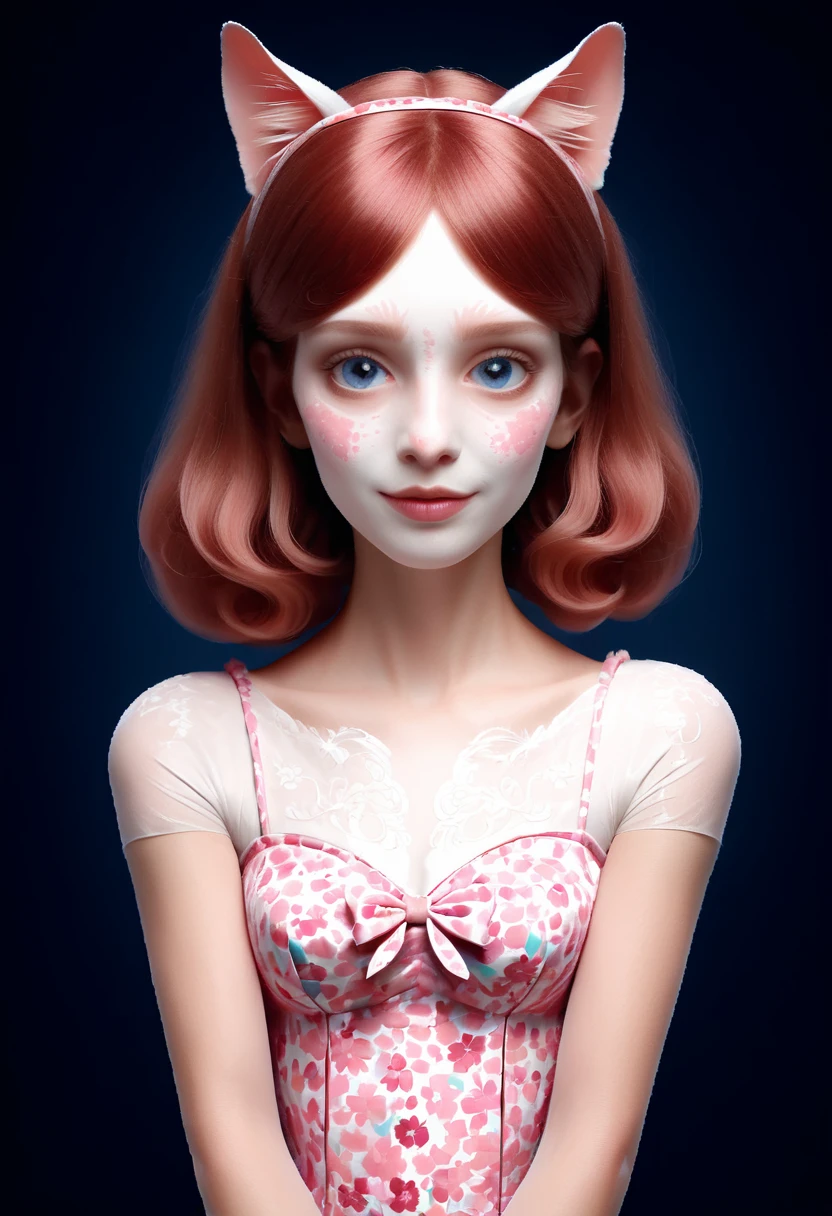 (Style-Princess, fflixbom, white and pink cat facepaint) (1 man, 1 catgirl) (hetero, couple) (crossdressing, fully clothed) (brown hair, blue eyes) (portrait) (women's clothes only) (women's beautifully feminine skintight velvet floral print frilly girly pink adorable ballet leotards) (white opaque tights, no shoes) (tiaras, pink shoulder-length silk gloves:1.3) (woman's bedroom, four-poster bed) (lying down, hugging, bending knee) (intimacy, playfulness, closeness)