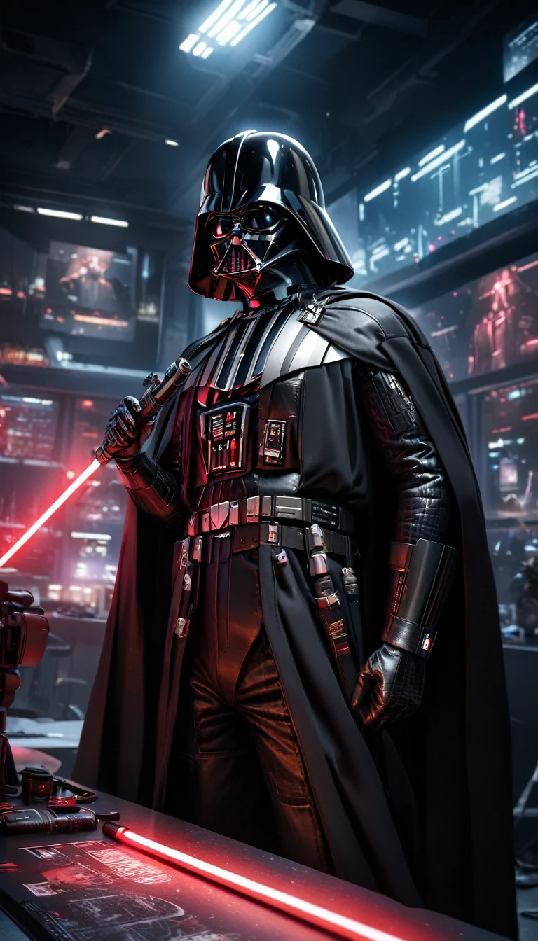 darth vader , Cyberpunk Style, (neon:1.2), , masterpiece, intricate, highly detailed, majestic, digital photography, hdr, , detailed cyberpunk background,bold eclectic styles, punk elements , holographic prints, metallic accents, man in Black_outfit,hood, hood_up, darth vader helmet,(cape:1.2),armor, shoulder armor, (denim:1.2), star wars, (night time),futuristic cityï¼ï¼a city street with neon signs and buildings on both sides of it at night time, holding light saber, broken arm, ,(photo, studio lighting, hard light, sony a7, 50 mm, matte skin, pores, colors, hyperdetailed, hyperrealistic),
