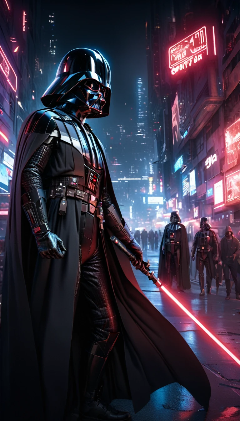 darth vader , Cyberpunk Style, (neon:1.2), , masterpiece, intricate, highly detailed, majestic, digital photography, hdr, , detailed cyberpunk background,bold eclectic styles, punk elements , holographic prints, metallic accents, man in Black_outfit,hood, hood_up, darth vader helmet,(cape:1.2),armor, shoulder armor, (denim:1.2), star wars, (night time),futuristic cityï¼ï¼a city street with neon signs and buildings on both sides of it at night time, holding  light saber, broken arm, ,(photo, studio lighting, hard light, sony a7, 50 mm, matte skin, pores, colors, hyperdetailed, hyperrealistic),