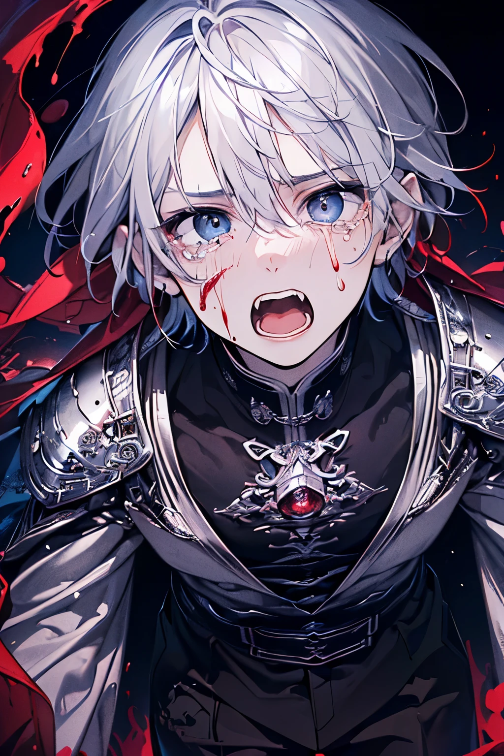 (((Adult man:1.3))),((Silver Hair:1.2)),(Blue Eyes:1.2),((crimson、reddish black、Dark blood:1.5)),(((Horror映画のような暗くどす黒い世界:1.2))),((Face and body covered in blood:1.3)),((Gorgeous silver armor of a hero:1.45)),((Crazy screaming face:1.4)),((Excited face、blush、He is breathing heavily:1.3),((Tears of blood from the eyes:1.1)),(Leaning forward:1.3),((high quality:1.3)),((beautiful image:1.3)),((perfect picture:1.3)),((Horror、Suspense、Mystery:1.2)),Close-up of face,(Camera angle from below))