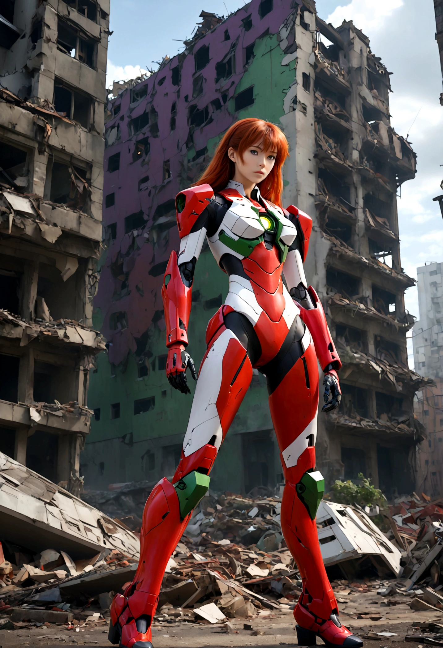 a beautiful young woman with long red hair pulled back, wearing her iconic bright red and white plugsuit, standing next to her massive purple and green Evangelion mecha, in a war-torn city with crumbling buildings and debris, dramatic lighting, cinematic composition, highly detailed, hyper-realistic, 8k, masterpiece, (best quality,4k,8k,highres,masterpiece:1.2),ultra-detailed,(realistic,photorealistic,photo-realistic:1.37),intricate details,dramatic lighting,cinematic composition,vibrant colors,mecha,evangelion,asuka langley, plugsuit,war-torn cityscape,ruins,debris,cinematic angle