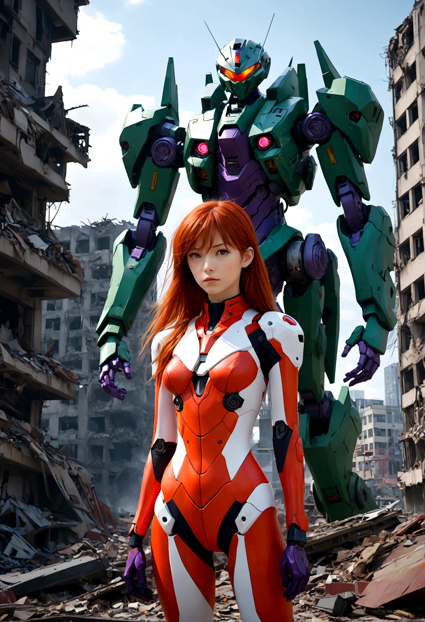 a beautiful young woman with long red hair pulled back, wearing her iconic bright red and white plugsuit, standing next to her massive purple and green Evangelion mecha, in a war-torn city with crumbling buildings and debris, dramatic lighting, cinematic composition, highly detailed, hyper-realistic, 8k, masterpiece, (best quality,4k,8k,highres,masterpiece:1.2),ultra-detailed,(realistic,photorealistic,photo-realistic:1.37),intricate details,dramatic lighting,cinematic composition,vibrant colors,mecha,evangelion,asuka langley, plugsuit,war-torn cityscape,ruins,debris,cinematic angle
