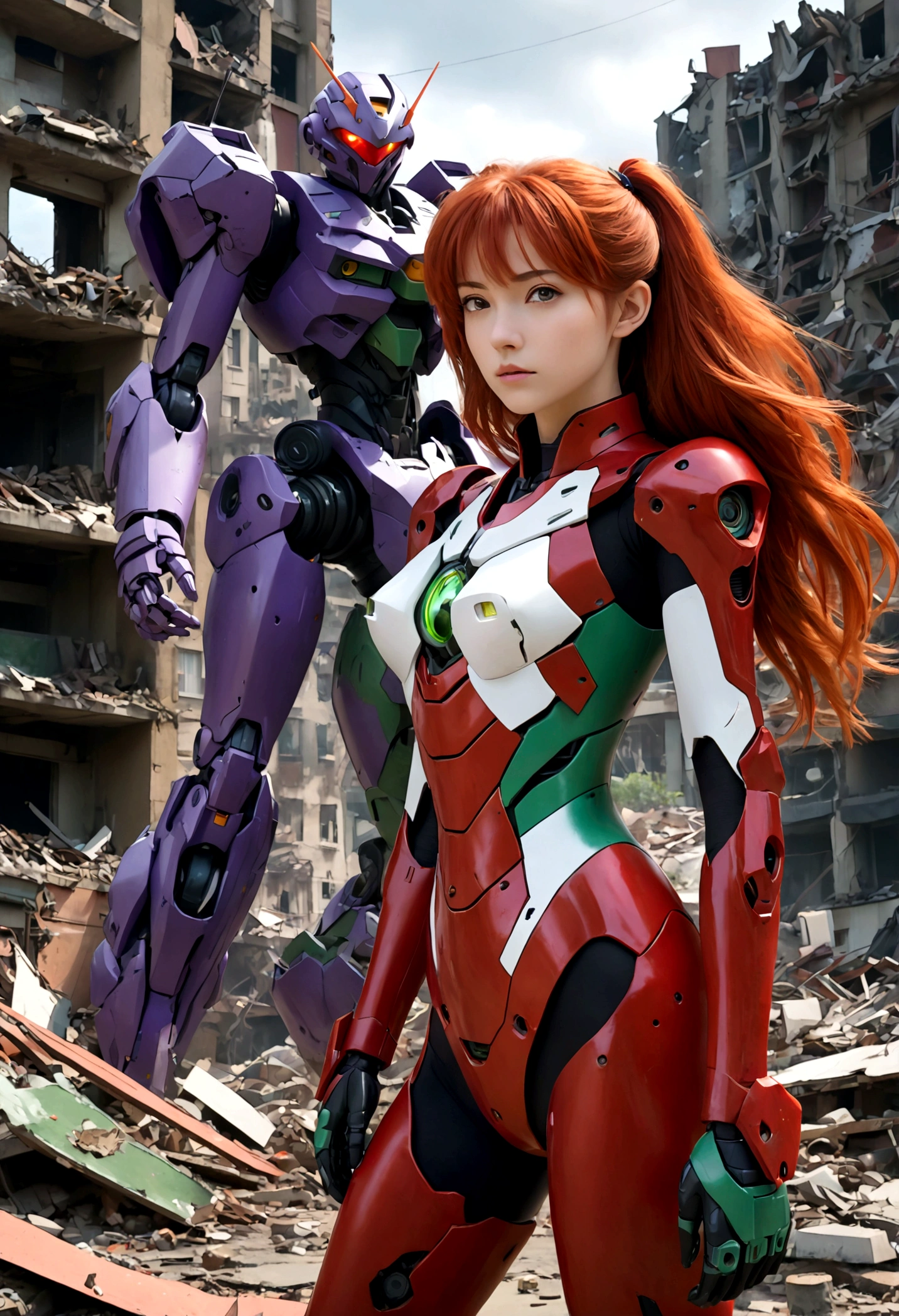 a beautiful young woman with long red hair pulled back, wearing her iconic bright red and white plugsuit, standing next to her massive purple and green Evangelion mecha, in a war-torn city with crumbling buildings and debris, dramatic lighting, cinematic composition, highly detailed, hyper-realistic, 8k, masterpiece, (best quality,4k,8k,highres,masterpiece:1.2),ultra-detailed,(realistic,photorealistic,photo-realistic:1.37),intricate details,dramatic lighting,cinematic composition,vibrant colors,mecha,evangelion,asuka langley, plugsuit,war-torn cityscape,ruins,debris,cinematic angle