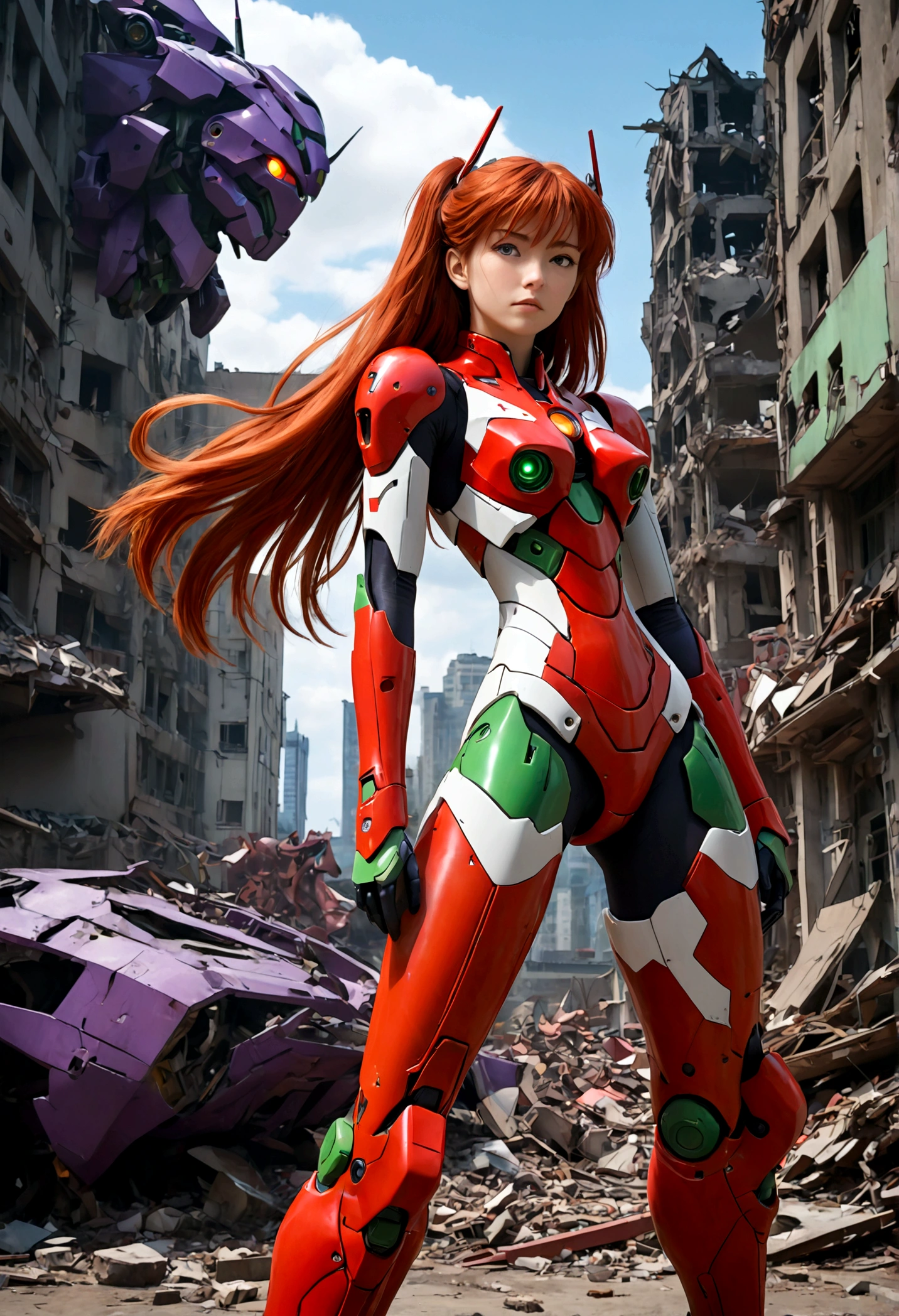 a beautiful young woman with long red hair pulled back, wearing her iconic bright red and white plugsuit, standing next to her massive purple and green Evangelion mecha, in a war-torn city with crumbling buildings and debris, dramatic lighting, cinematic composition, highly detailed, hyper-realistic, 8k, masterpiece, (best quality,4k,8k,highres,masterpiece:1.2),ultra-detailed,(realistic,photorealistic,photo-realistic:1.37),intricate details,dramatic lighting,cinematic composition,vibrant colors,mecha,evangelion,asuka langley, plugsuit,war-torn cityscape,ruins,debris,cinematic angle