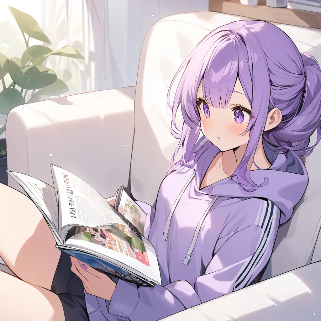 draw a cute purple haired anime
Girl relaxing on the couch in a hoody and track pants at home reading a magazine called "HAM".