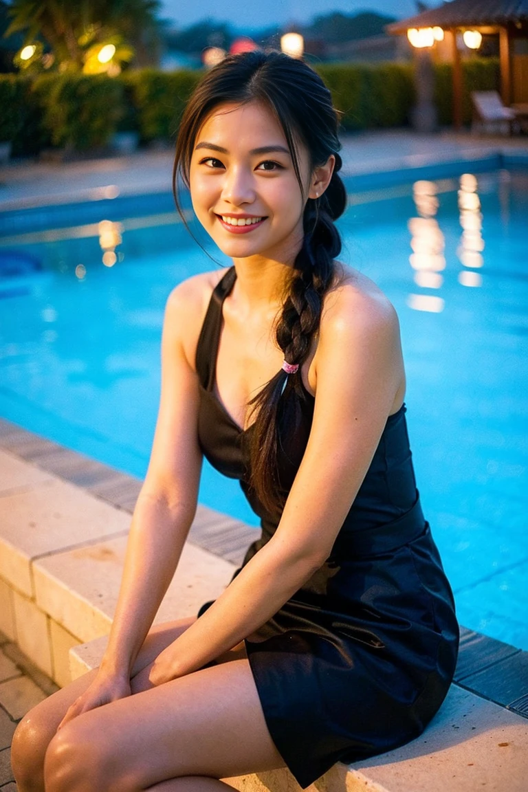 -(top quality, best quality), night pool, stunning Japanese woman, date night, illuminated water, cute smile, braided hair, sitting by the pool edge
