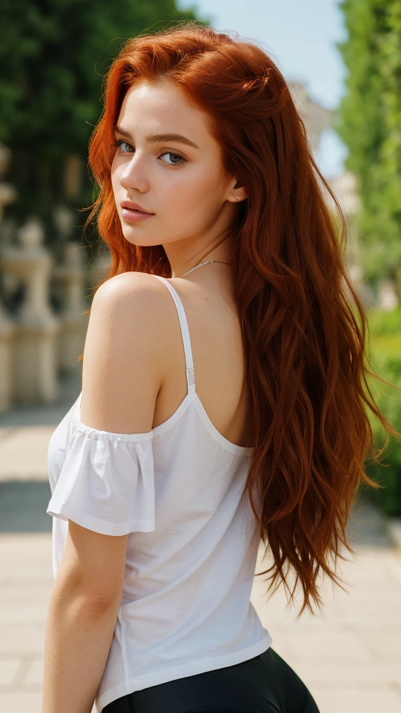 (((Masterpiece))), 25-year-old Caucasian French girl with shoulder-length messy red hair, adorned with , blooming hair akin to a royal . Captured in the best quality, this illustration serves as a 4K wallpaper, wearing T-shirt, black leggings,