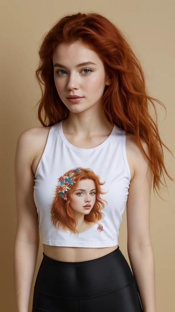 (((Masterpiece))), 25-year-old Caucasian French girl with shoulder-length messy red hair, adorned with , blooming hair akin to a royal . Captured in the best quality, this illustration serves as a 4K wallpaper, wearing T-shirt, black leggings,