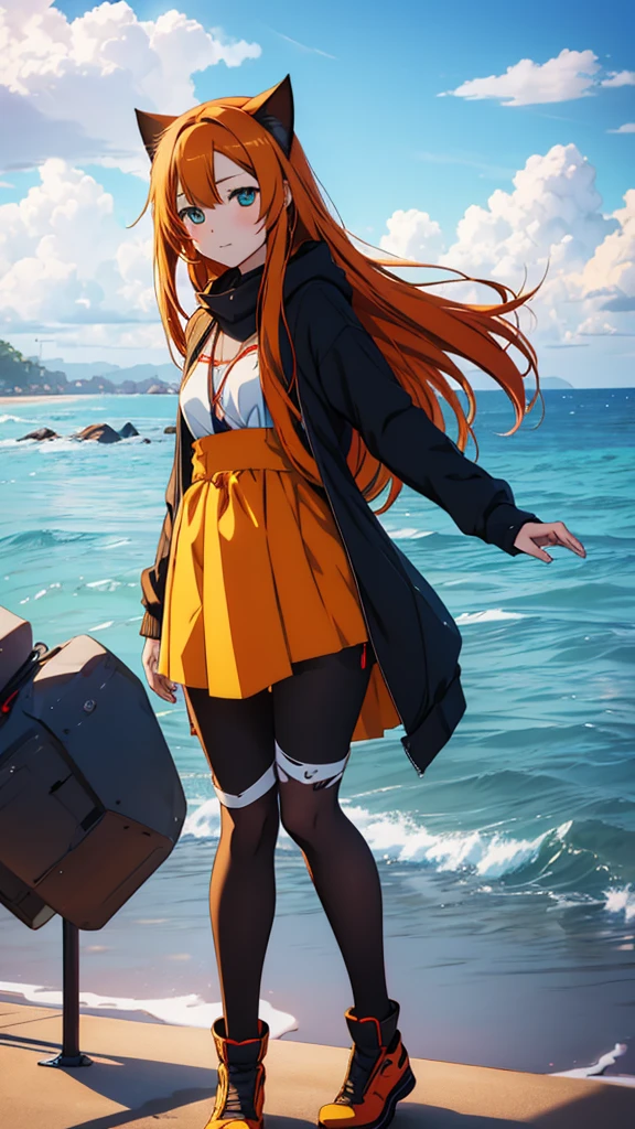 Anime girl with long orange hair, standing on the beach near the ocean, green eyes detailed digital anime art, cat ear, anime girl with long hair, гладкое аниме cg art, anime girl with long hair, digital anime art, work in Guweiz style, Beautiful anime portrait, Photorealistic render of an anime girl, Beautiful anime girl, advanced digital anime art, guweiz на artstation pixiv HD UHD HQ
