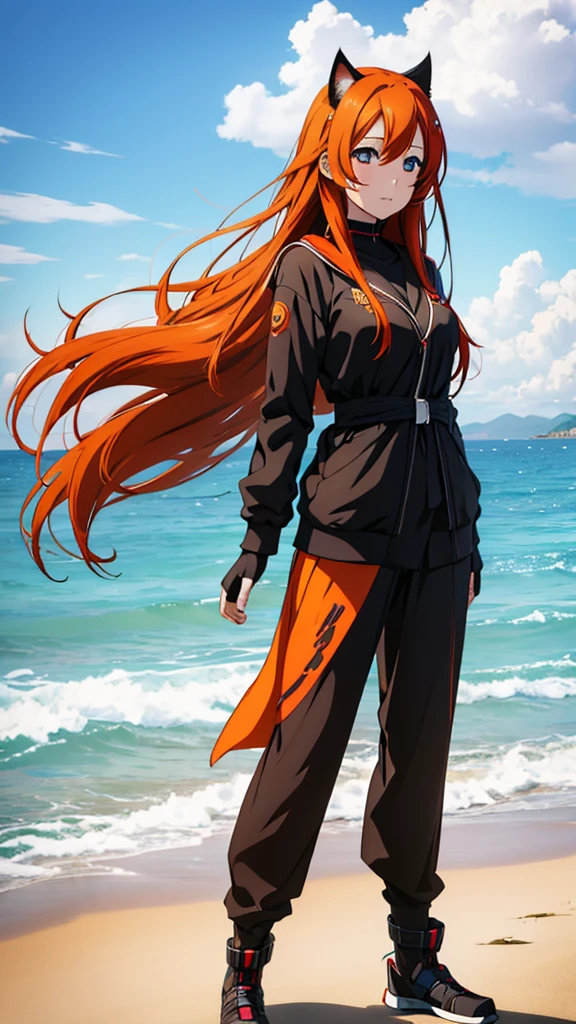 Anime girl with long orange hair, standing on the beach near the ocean, green eyes detailed digital anime art, cat ear, anime girl with long hair, гладкое аниме cg art, anime girl with long hair, digital anime art, work in Guweiz style, Beautiful anime portrait, Photorealistic render of an anime girl, Beautiful anime girl, advanced digital anime art, guweiz на artstation pixiv HD UHD HQ
