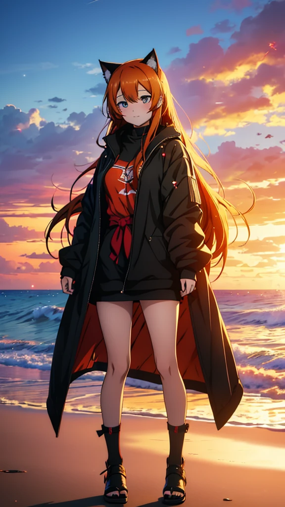 Anime girl with long orange hair, standing on the beach near the ocean, green eyes detailed digital anime art, cat ear, anime girl with long hair, гладкое аниме cg art, anime girl with long hair, digital anime art, work in Guweiz style, Beautiful anime portrait, Photorealistic render of an anime girl, Beautiful anime girl, advanced digital anime art, guweiz на artstation pixiv HD UHD HQ
