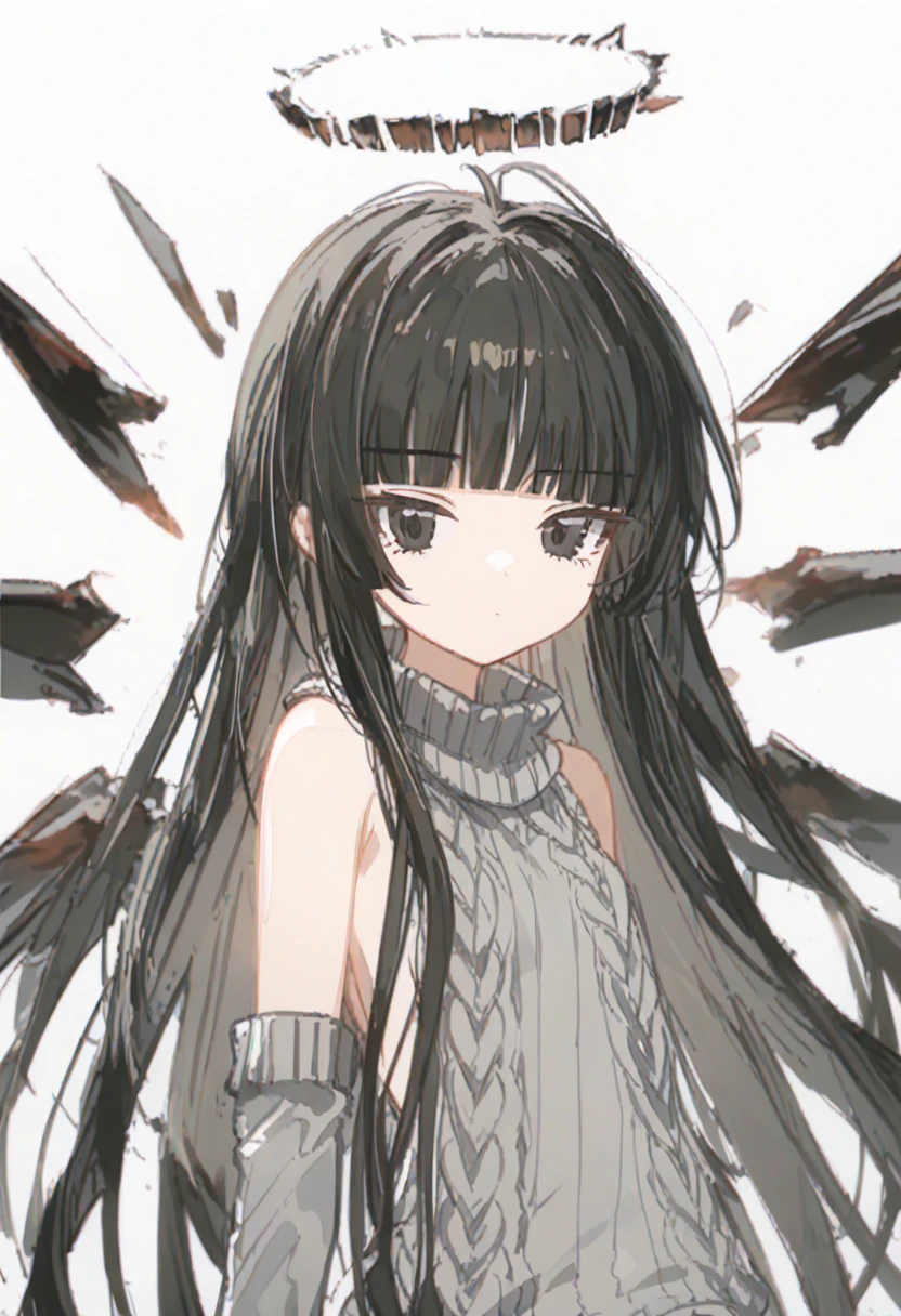 score_9, source_anime, anime_coloring, anime_screencap, sketch, 1girl, VirtuosaBase, cute, (chibi:0.7), black hair, blunt bangs, long hair, broken halo, energy wings, black eyes, mole under right eye, small breasts, virgin killer sweater, detached sleeves, gray sweater, hand on hip, leaning forward, looking at viewer, upper body, zoom out, white background,