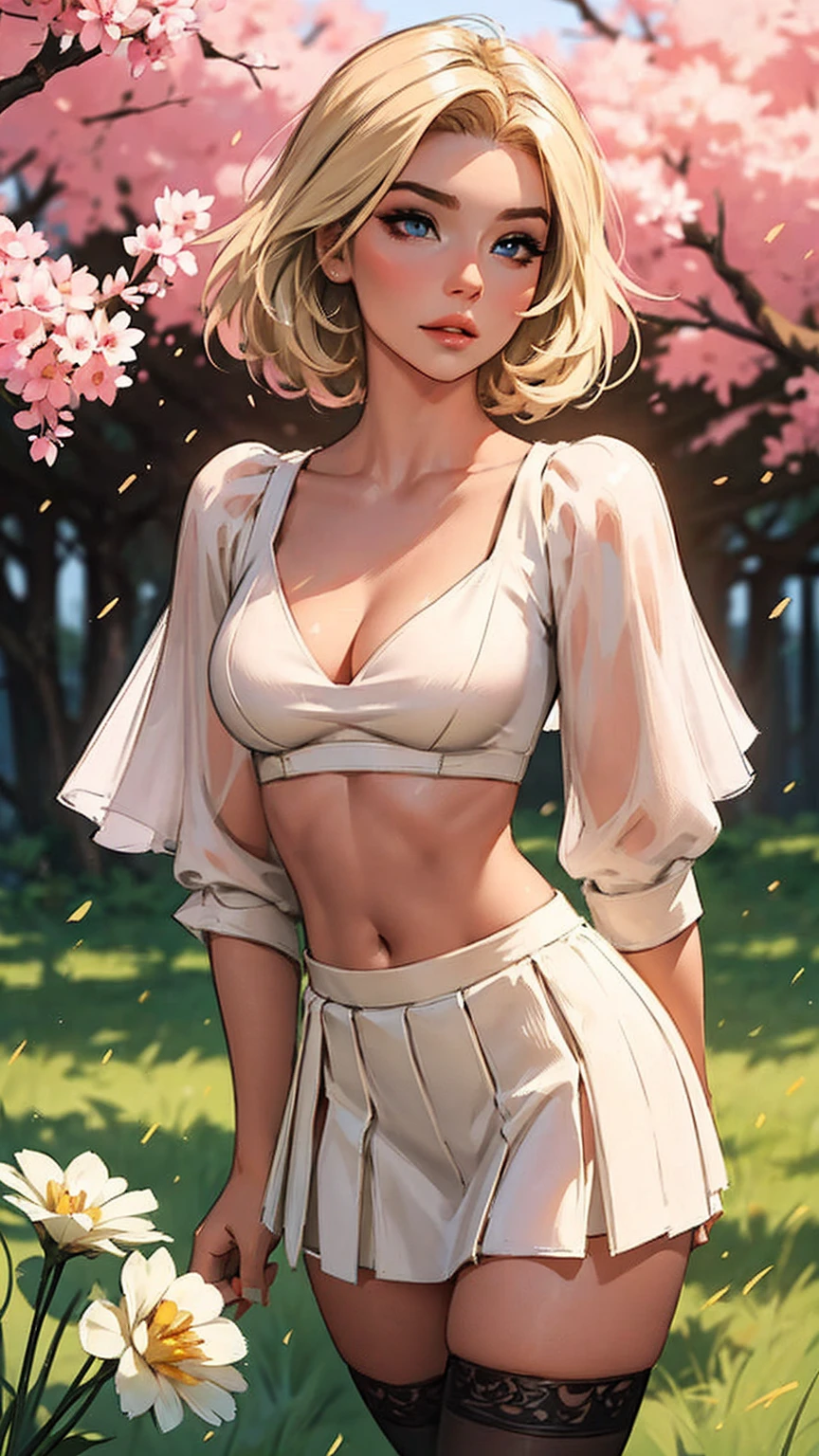 Highest Quality, masterpiece, beautifully detailed eyes,, short Blonde Hair, Gradient Hair, pink highlights in hair, large breasts, standing, makeup, glossy lips, full lips, (natural lighting), grass, small top, light smile, midriff, collarbone, thigh highs, miniskirt, cleavage