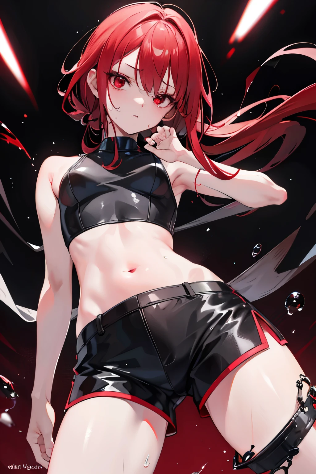 full body standing looking to the camera, 1sologirl, mature, bright eyes, blushing, short hair, black bikini, abs, big knockers, tatter rags, chain collar, stomach tattoo (red tattoo) big breast (Kei Kishimoto)
