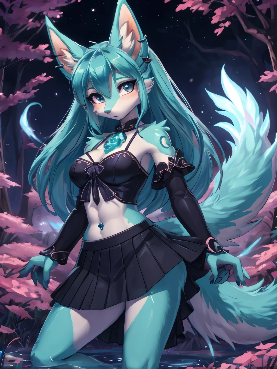 hatsume miku x suicune , Orejas de Kitsune, arte de natasha oscura, fue en el jardin, arte de natasha oscura,  arte de zorra aztra, cuerpo completo, platas hermosas, cintura delgado, caderas amploas, piernas torneadas, hermosa, foto de cuerpo completo, Chica anime, anime style, cute hatsune miku x suicune, shy girl , Orejas de Kitsune, arte de dark natasha, autum forest landscape, arte de vixen aztra, cuerpo completo, patas hermosas, cintura delgada, caderas amplias, piernas torneadas, hermosa, foto de cuerpo completo, sensual navel blouse gptoc style, black mini gotuc skirt, navel piercing, ear piercing, navel tattoo, shy pose, beatifull and detailed hands, hincada en una playa mirando las estrellas de noche, witch girl, black aura, magic girl, witc dress, pentagrama in floor, sensual teennaged