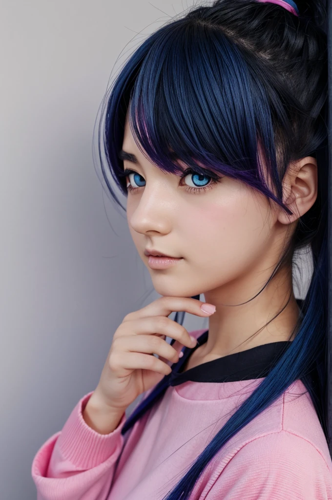 Anime girl with dark blue hair, dark purple eyes and pink and cyan clothes 