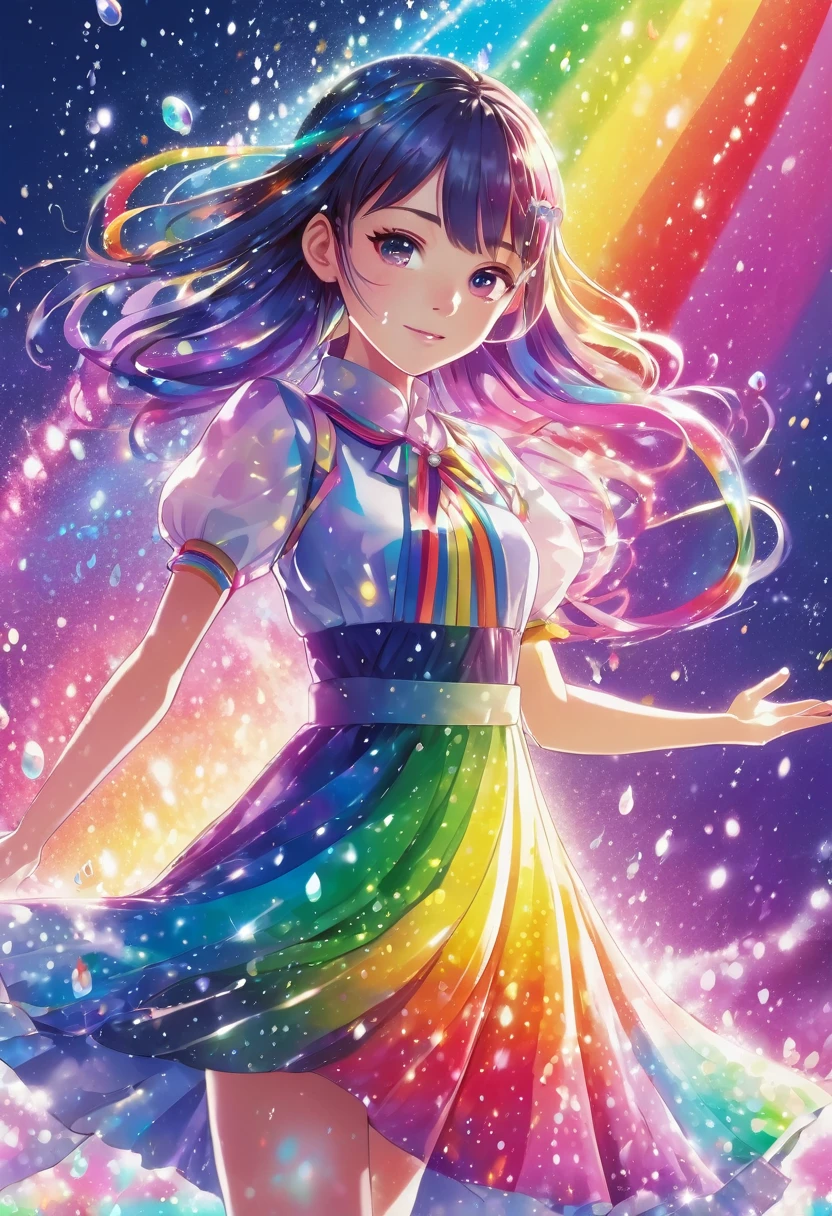 The image features a stylized anime-style girl in a colorful dress with a rainbow background, surrounded by sparkling droplets and a flowing, rainbow-colored aura.