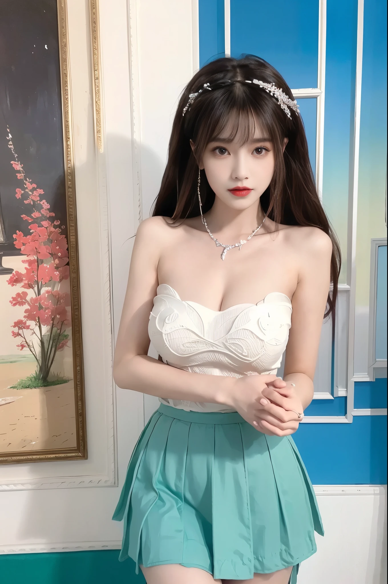 Beauty, beautiful女人，Have a perfect body：1.4，Layered Hairstyle，((Big breasts)), ((D cup)), Visible cleavage，Bare shoulders, Highly detailed face and skin texture，Double eyelids，Skin Whitening，Long hair，Whitening long legs，Standing by the sea, Fashion girl, Red lips, Sweet maiden, beautiful妆容, detail, lifelike, Very detailed, amazing, beautiful, Young and energetic, high quality，High Definition, rich and colorful，Exquisite, Smooth skin, The skirt is short, Lift the skirt with your hands, Elegant and charming posture, Official Art, Extremely detailed, Movie atmosphere, Soft colors, Natural skin texture,