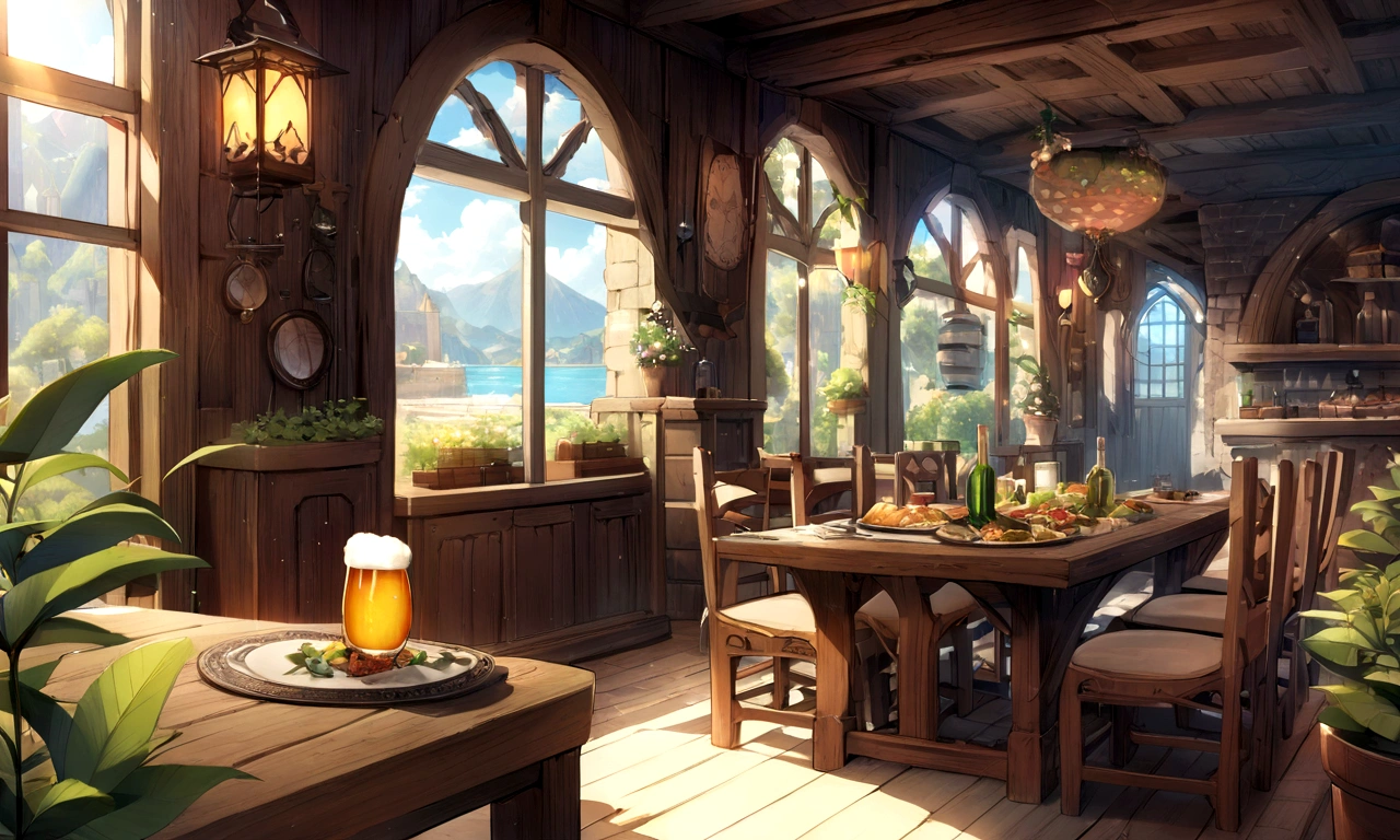 ((((masterpiece, Highest quality, High resolution)))), High detail, manga,anime,Illustration Style,Use of bright colors,The color scheme is reminiscent of daytime scenes from Ghibli Studios.., The fantasy world of medieval Europe,bedroom, Sophisticated interior,There are lots of big beds lined up,Sunlight is shining through the window、Large space,No humans, RPG-like scenery, Beer available, Wine and delicious food on the table., The sky is bright blue、Fluffy white clouds floating, And the sun is shining brightly, Creates a magical and comfortable atmosphere, Bright daytime atmosphere.