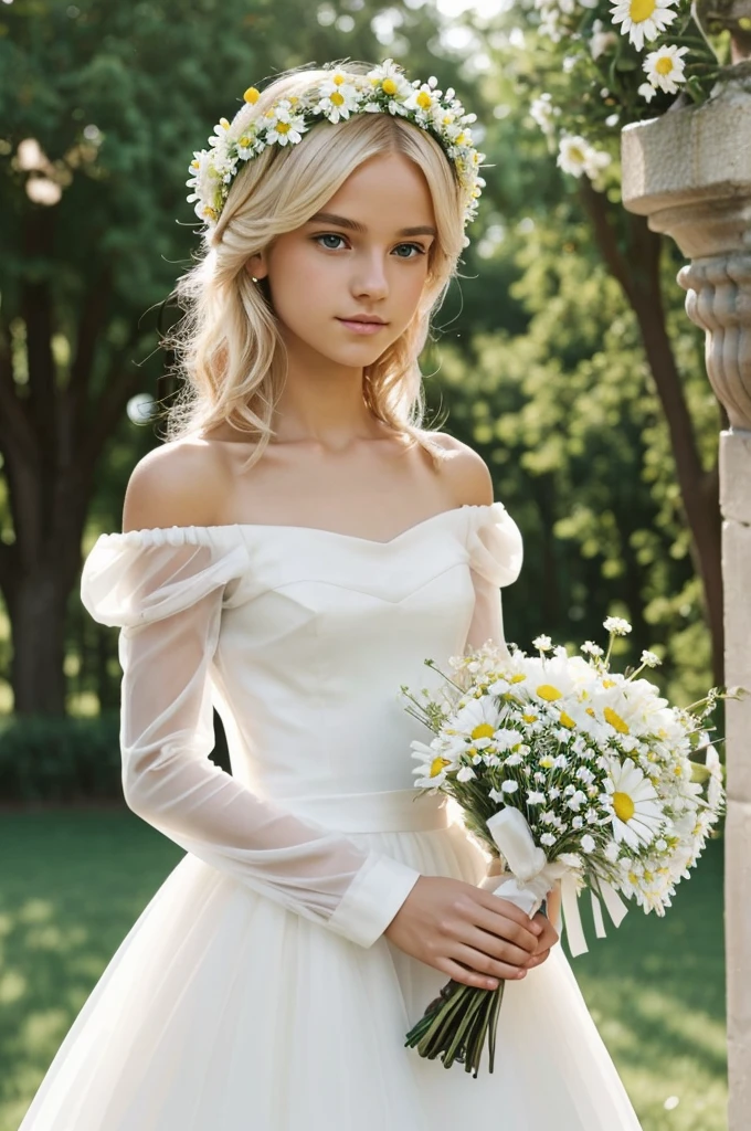 Slim blonde femboy twink with fluffy hair, pretty face wearing long plain white wedding dress with off-the-shoulder cut smooth and transparent long fluffy sleeves wearing colorful flower crown and holding a small bouquet of daisies in his hands in the background a church