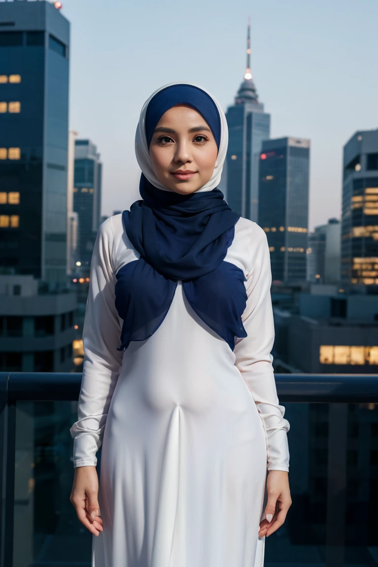 ((photography)), (((full body shot:0.8)), ((wearing hijab)), ((white hijab)), ((royal navy blue baju kurung))  ,long eyelashes, solid circle eyes, natural breast , long legs, light smile, ear blush, Surrealism, drop shadow, anaglyph, stereogram, tachi-e, pov, atmospheric perspective, 8k, super detail, accurate, best quality, high details, accurate, anatomically correct, anatomically correct, anatomically correct, night city background