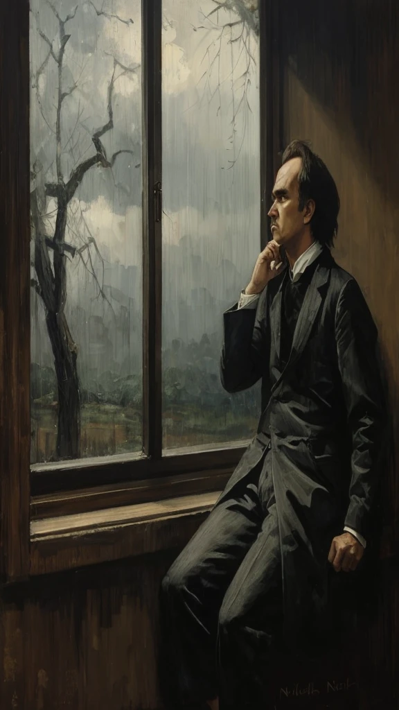Red, love, Fredrich Nietzsche, anime style, deep thinker, serious vibe