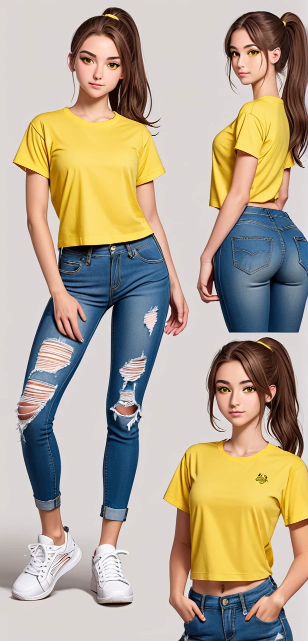 image of safura hugt, 18 year old adult, attractive, athletic, proportional body, brown hair styled in a ponytail, sparkling yellow eyes, wearing a pink t-shirt and detailed ripped jeans, wearing white sneakers, looking at the camera, standing, variation of poses.