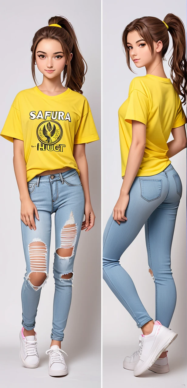 image of safura hugt, 18 year old adult, attractive, athletic, proportional body, brown hair styled in a ponytail, sparkling yellow eyes, wearing a pink t-shirt and detailed ripped jeans, wearing white sneakers, looking at the camera, standing, variation of poses.