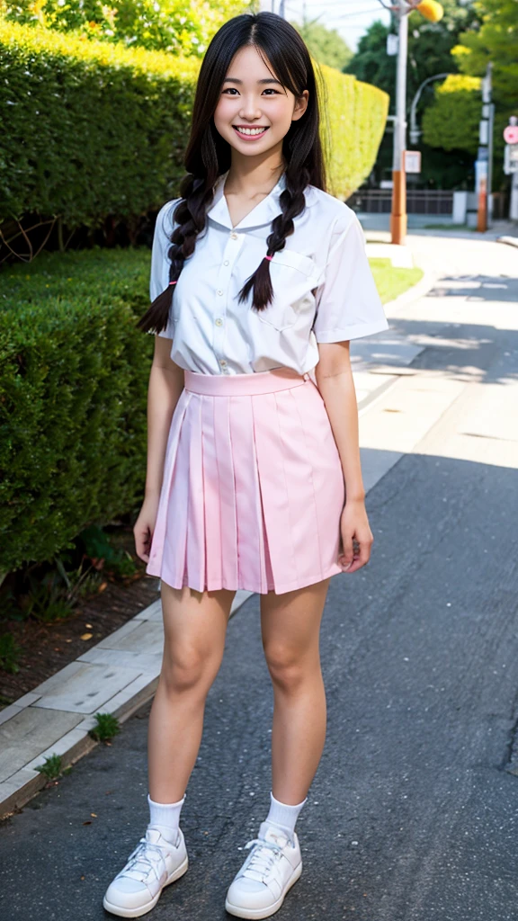 Raw photo、Ultra-realistic、Ultra detailed face、detailed lip、Detailed eyes、High school girl smiling showing her teeth、Long Hair:1.1、chest、Visible curves、Laughing with your mouth open 、Tokyo city角、 Whole body、( Slender body)、(Long Hair)、Big Breasts、Idol、(pastel colour)、18-year-old、Small face、Braid、 Tokyo city、Long beautiful legs 1.2、Curved waist、flower、uniform