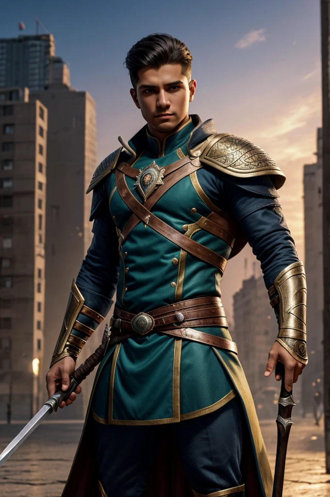 A young man with a power spear in his hand. Bilhante, Fagulha, cabelo branco, Moskoe, jacket serious 8k realist Lua CIDADE bem detalhado corpo todo olhos azuis, brinco na orelha, background background MOBILE LEGAND HERO CHOU