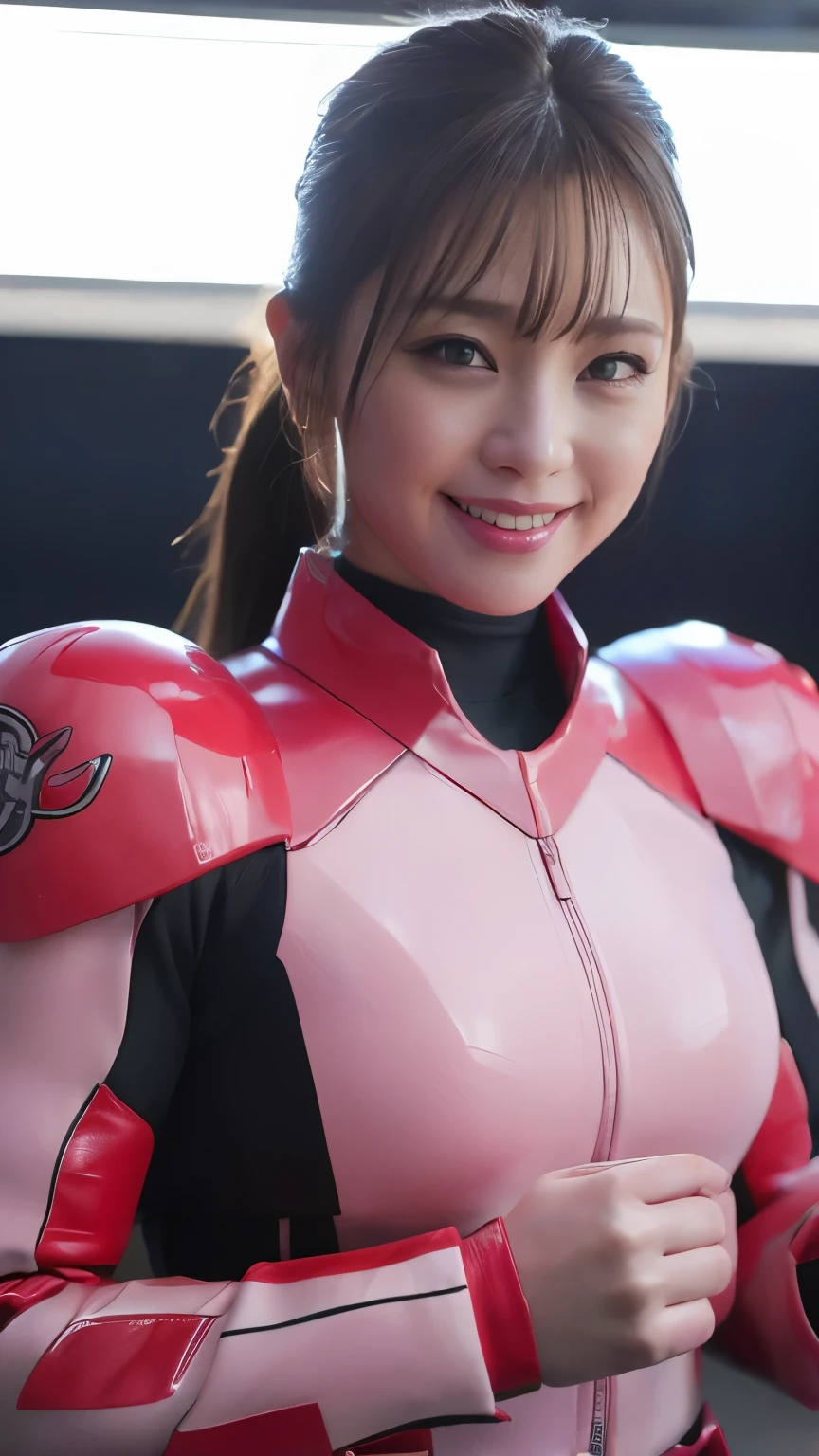 （super highest quality、In 8K、Masseter muscle area、Delicate illustrations、Upper Body:1.5）,Wearing a dark pink and white combat suit:1.5、A beautiful and attractive 25-year-old Japanese woman、Plump body、H Cup:1.5,Black hair ponytail、smile