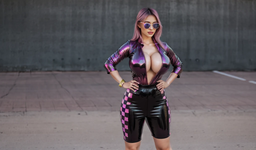 asian women, pink long hair, purple metallic racing Top with racing pattern,black sunglassses,big breast,blackt long latex skirt, gray pantyhos,standing on a parking spot