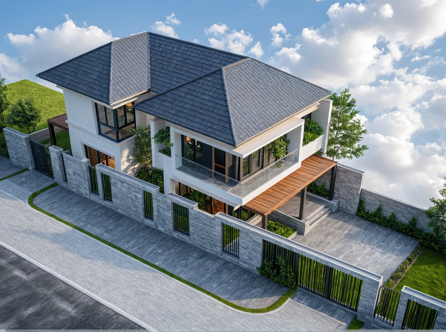 Masterpiece, high quality, best quality, 3d rendering, super detailed, outdoor, two-story villa, aiaigroup, modern house style on the street, stairs, white wall, accent wall Gray stone cladding on the left, road, sidewalk, grass, trees, sky, clouds, (daylight: 1.1)

