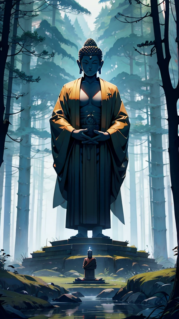 Lord Buddha standing in the middle of a peaceful forest