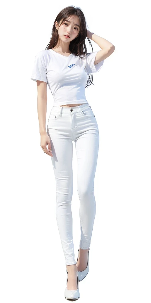 (full body:1.5), 1girl, long hair, ((Wearing a white T-shirt:1.5)), (Small breasts:1.5), Wearing denim pants, Highest quality, figure, Super detailed, Fine details, High resolution, 8k wallpaper, Perfect dynamic composition, Beautiful attention to detail, A woman with a slightly young face, Hori's pale face, Small and cute nose, , cute double, round face, Baby Faceightly apart, Brown hair long, Has bangs, Small breastsと自然な色の唇, smile, Harajuku, 20-year-old girl, 白いTシャツを着てロング丈のWearing denim pants, Brown hair longで胸下まである長さの髪の毛, The shoes worn are sneakers, Height is 155cm