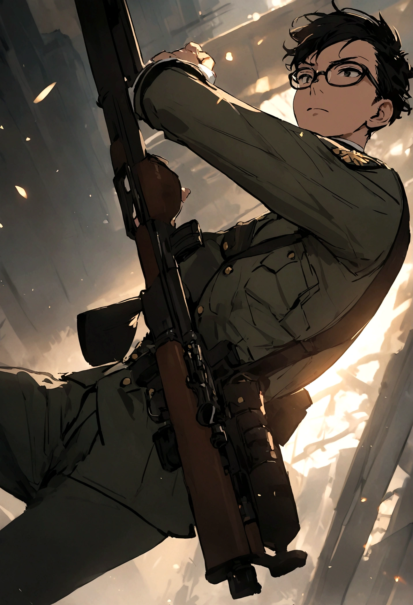 a young black haired asian boy with glasses, wearing a military uniform, and holding a rifle.