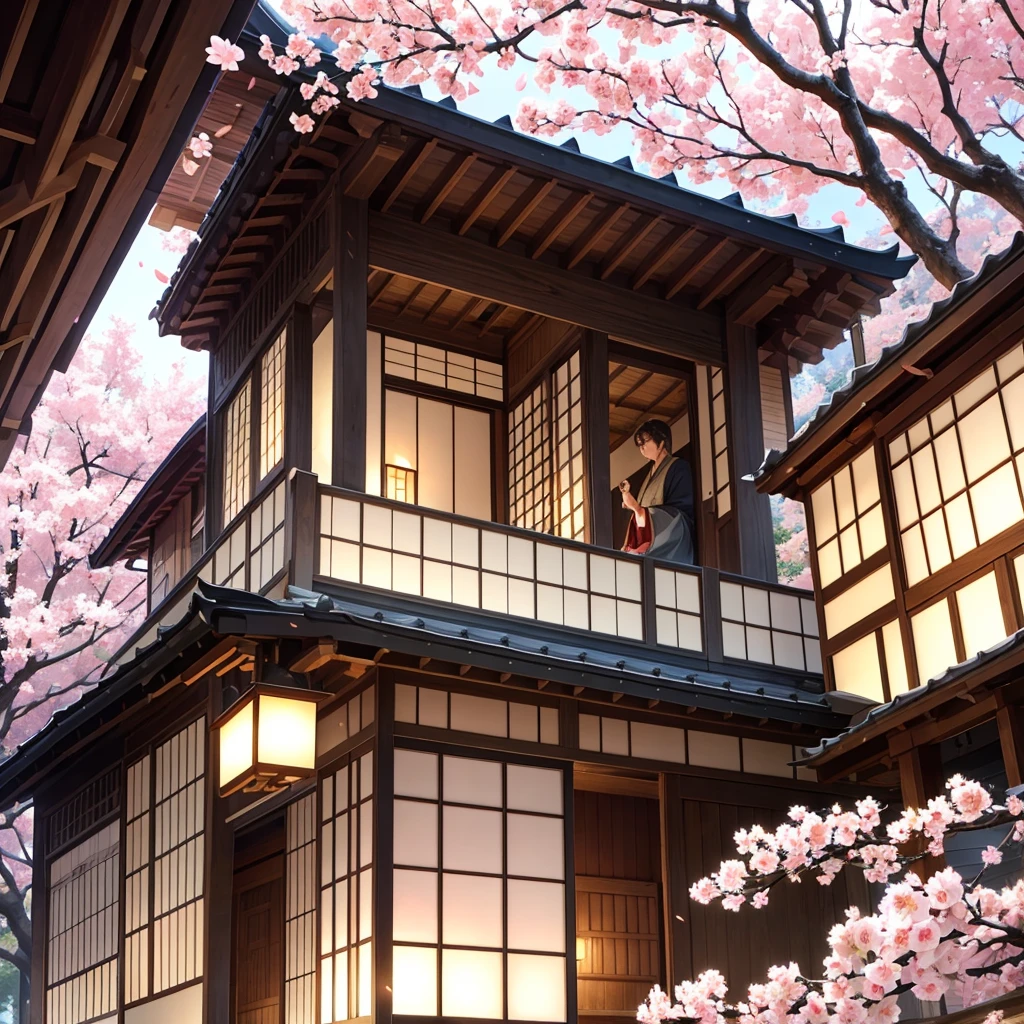 A realistic owl, known for bringing good luck, is perched on a branch of a cherry blossom tree in full bloom. The owl's feathers are intricately detailed, with shades of brown and white, and its large, wise eyes seem to gleam with a mystical light. The cherry blossoms around it create a picturesque scene, with delicate pink petals falling gently in the breeze. Below, a traditional Japanese house with a tiled roof and wooden beams is visible, adding to the serene and auspicious atmosphere. The entire scene exudes a sense of peace, harmony, and good fortune."