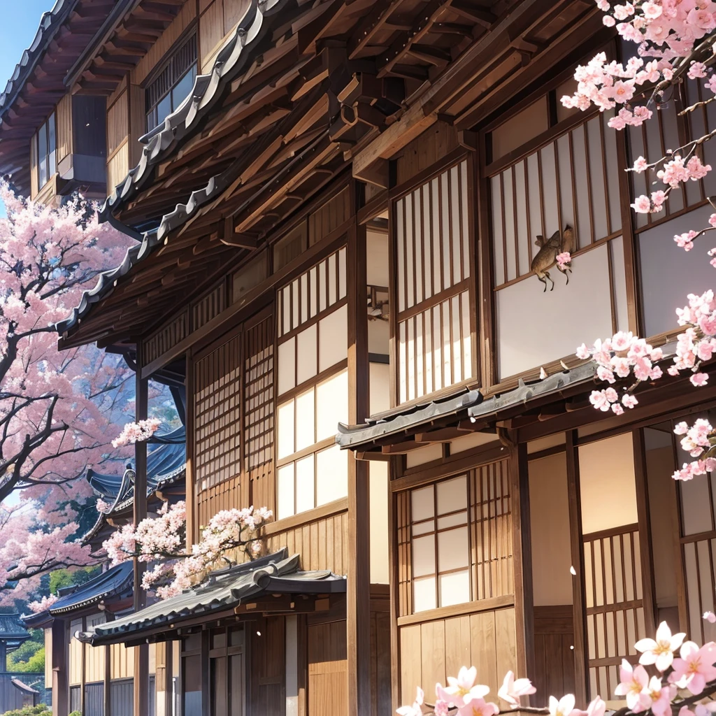 A realistic owl, known for bringing good luck, is perched on a branch of a cherry blossom tree in full bloom. The owl's feathers are intricately detailed, with shades of brown and white, and its large, wise eyes seem to gleam with a mystical light. The cherry blossoms around it create a picturesque scene, with delicate pink petals falling gently in the breeze. Below, a traditional Japanese house with a tiled roof and wooden beams is visible, adding to the serene and auspicious atmosphere. The entire scene exudes a sense of peace, harmony, and good fortune."