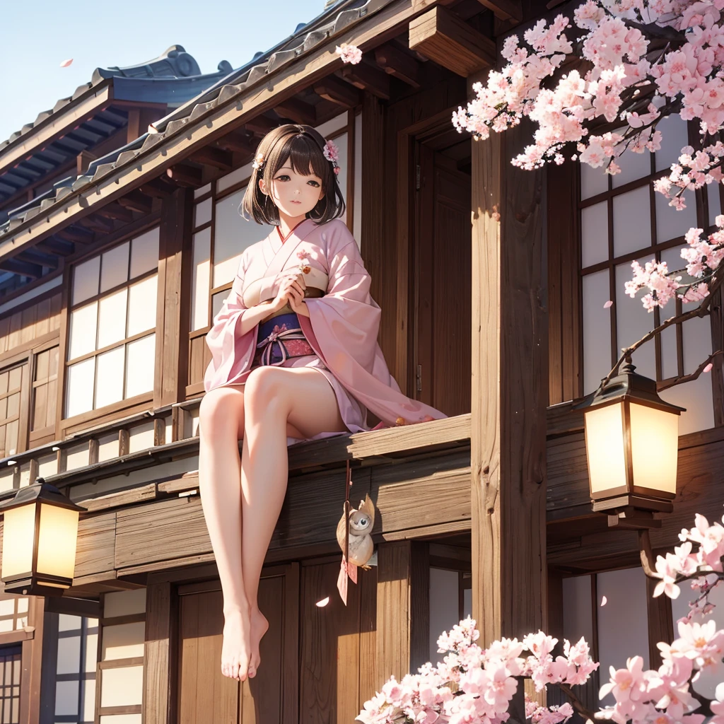 A realistic owl, known for bringing good luck, is perched on a branch of a cherry blossom tree in full bloom. The owl's feathers are intricately detailed, with shades of brown and white, and its large, wise eyes seem to gleam with a mystical light. The cherry blossoms around it create a picturesque scene, with delicate pink petals falling gently in the breeze. Below, a traditional Japanese house with a tiled roof and wooden beams is visible, adding to the serene and auspicious atmosphere. The entire scene exudes a sense of peace, harmony, and good fortune."