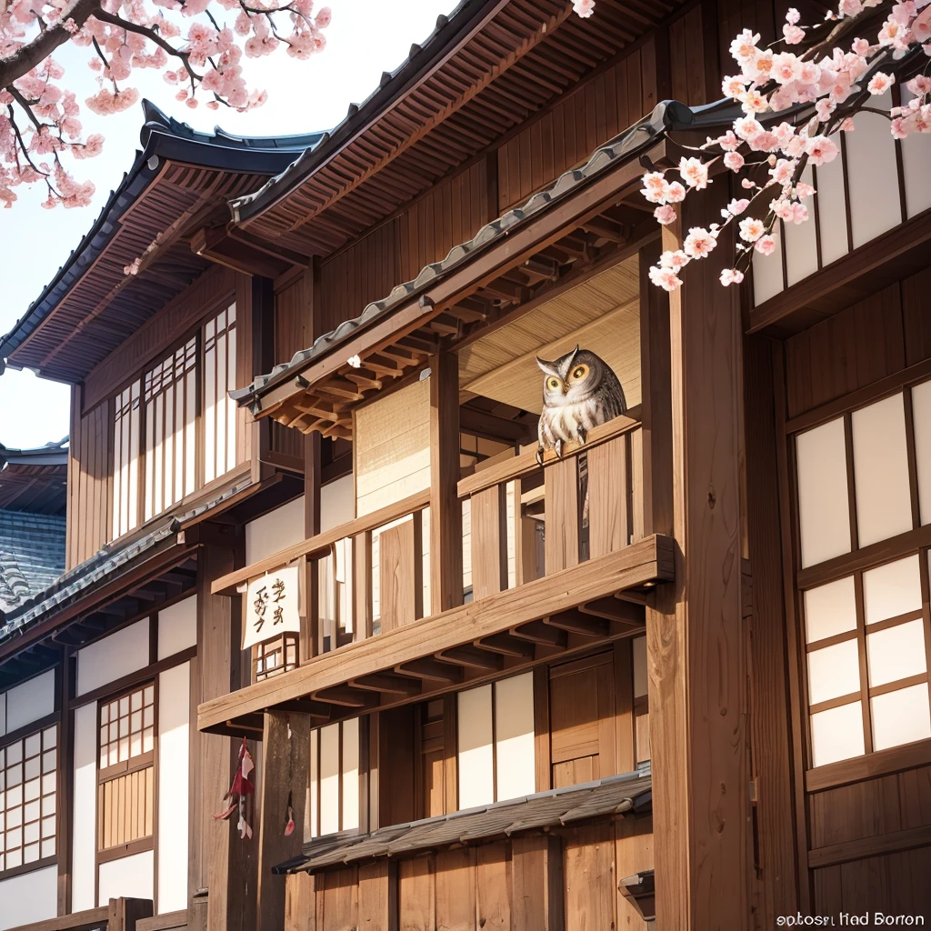 A realistic owl, known for bringing good luck, is perched on a branch of a cherry blossom tree in full bloom. The owl's feathers are intricately detailed, with shades of brown and white, and its large, wise eyes seem to gleam with a mystical light. The cherry blossoms around it create a picturesque scene, with delicate pink petals falling gently in the breeze. Below, a traditional Japanese house with a tiled roof and wooden beams is visible, adding to the serene and auspicious atmosphere. The entire scene exudes a sense of peace, harmony, and good fortune."